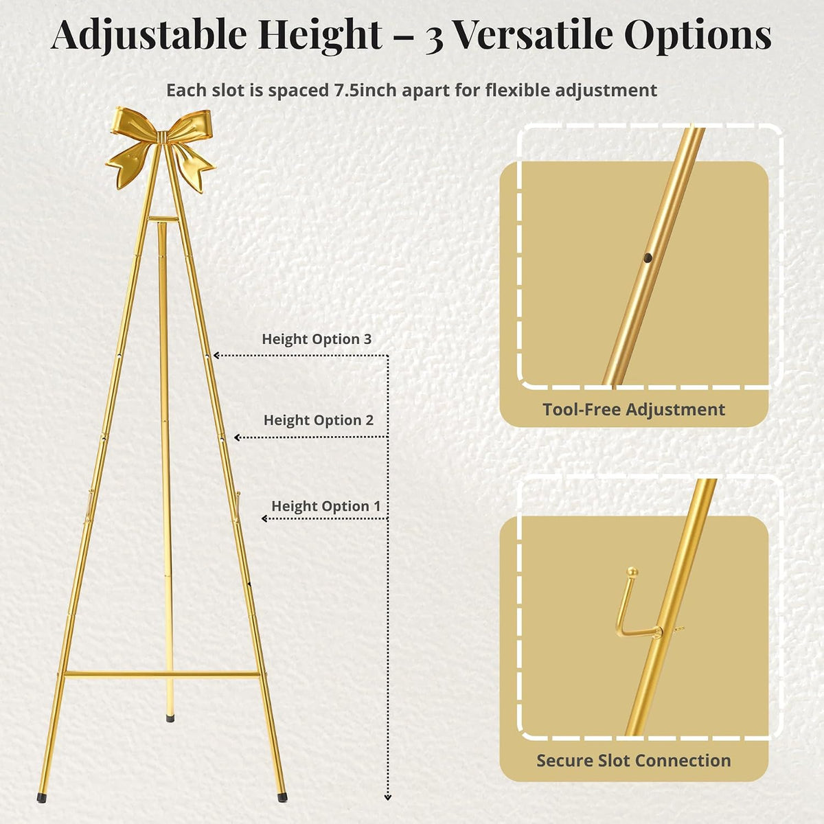 53”H Metal Gold Easel Stand for Sign Heavy Duty with Bow Top | Large Adjustable Display Standing for Wedding Displaying