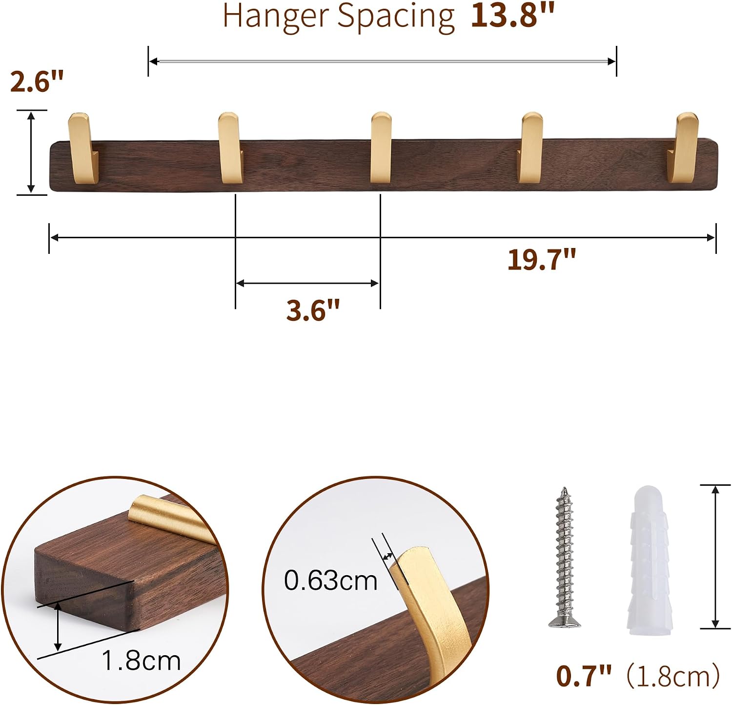 Wall Mounted Coat Rack, Metal Wood with 5 Hooks | Entryway Hanging, For Coat, Scarf, Bag, Towel, Key, Cap, Hat, Walnut