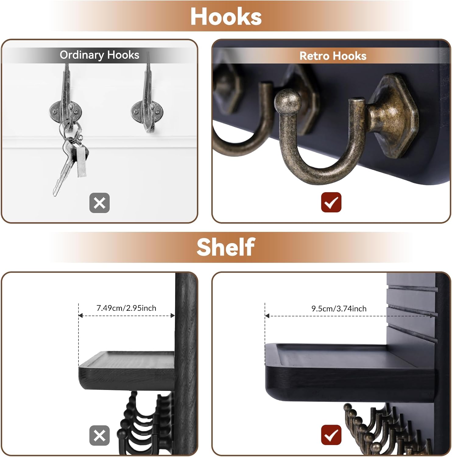6 Hooks Wooden Hanging Key Rack / Black