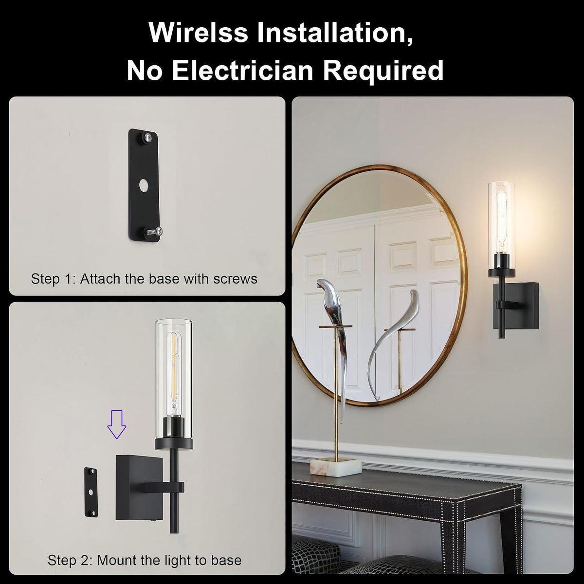 Black Wireless Wall Sconces with Remote Control, Battery Operated Wall Sconce Set of 2, Rechargeable Dimmable Wall