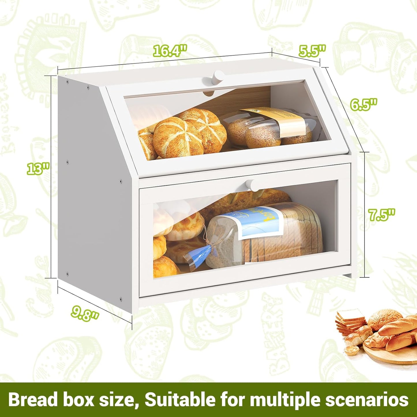 BMOSU Farmhouse Bread Box for Kitchen Countertop Bread box Double Layer Bamboo Wooden Extra Large Capacity Bin Kitchen