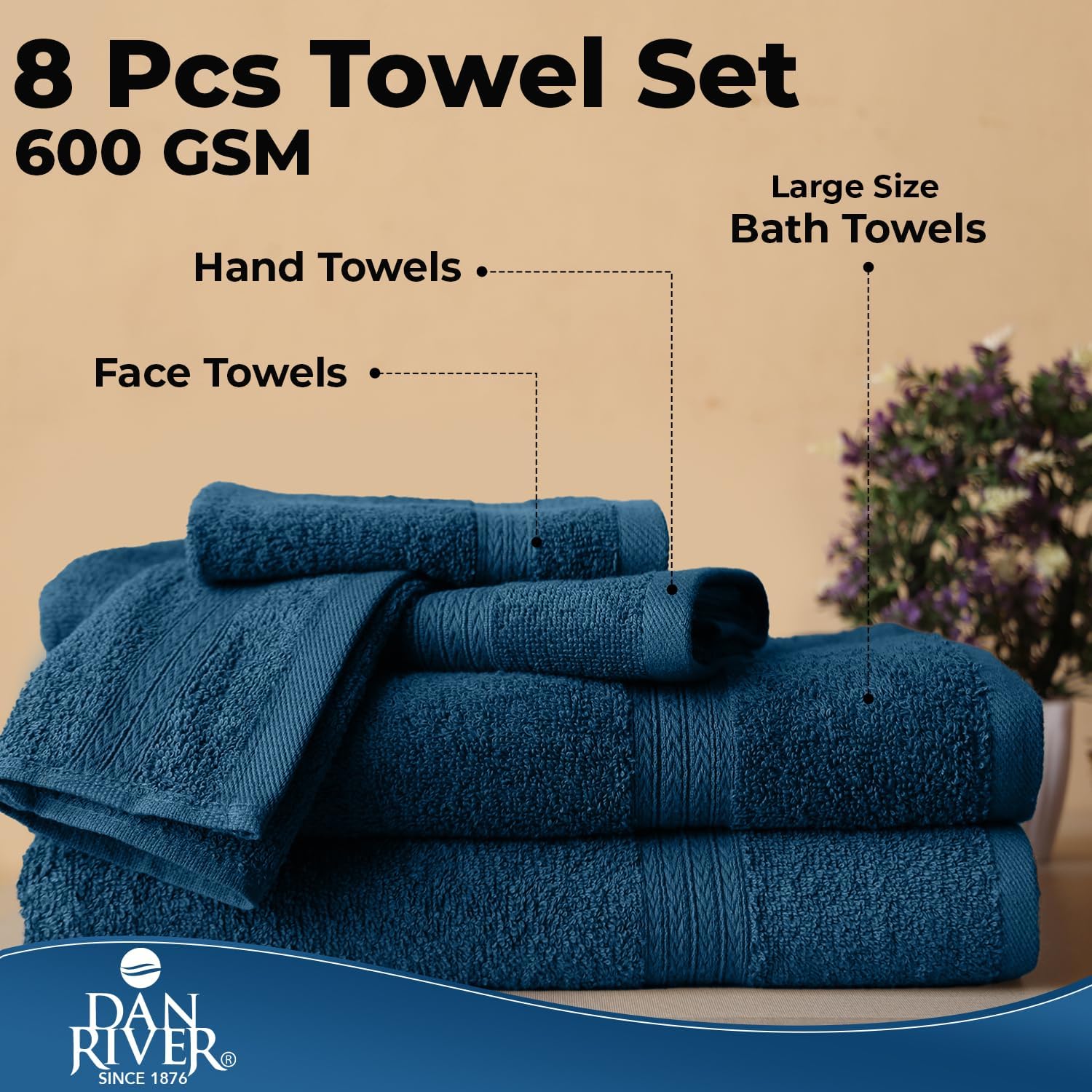 DAN RIVER 8 Piece Luxury Bath Towels for Bathroom, Towel Set, Blue Opal | 2 Bath towels, 2 Hand towels, and 4 Wash
