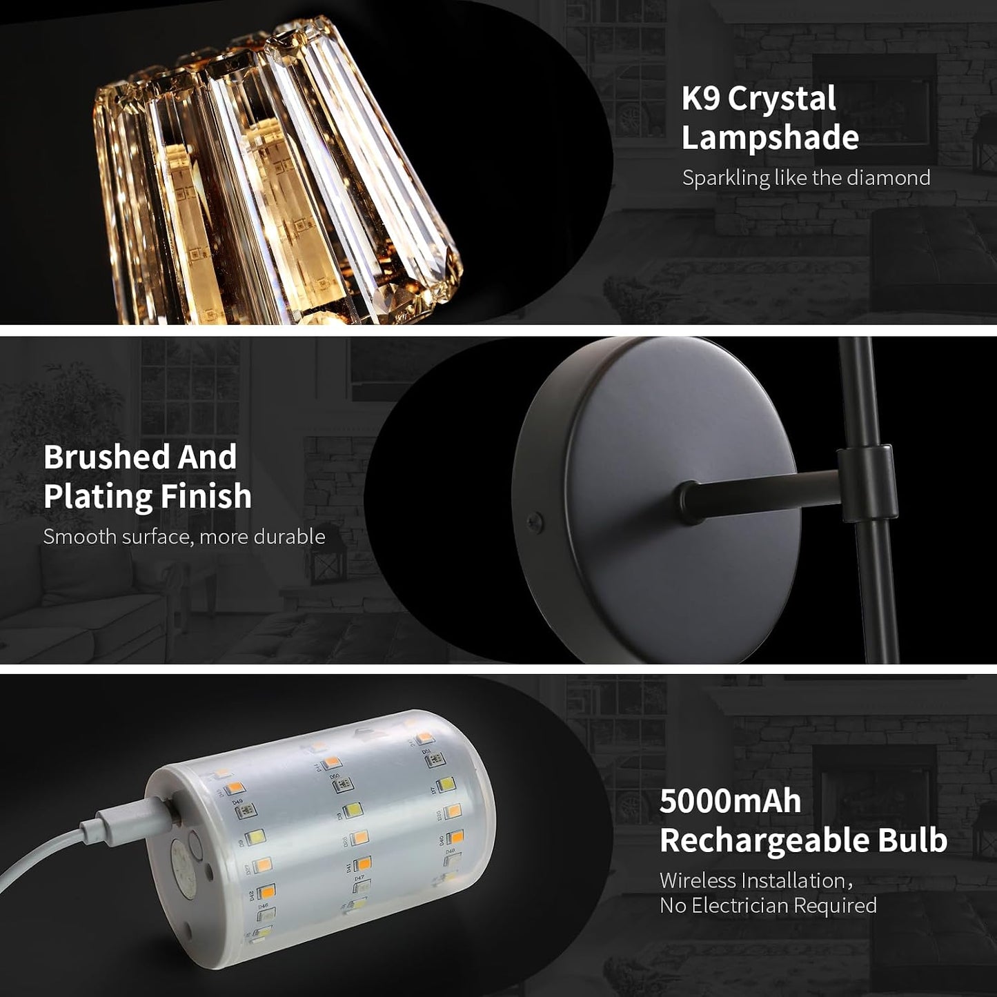 Battery Operated Crystal Wall Sconce Set of 2, Black Rechargeable Wireless Wall Sconces with Remote Dimmable 12 Colors