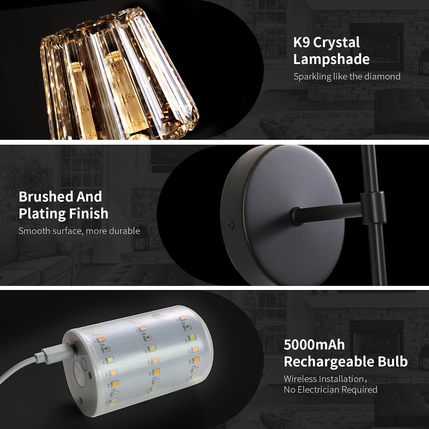 Battery Operated Crystal Wall Sconce Set of 2, Black Rechargeable Wireless Wall Sconces with Remote Dimmable 12 Colors