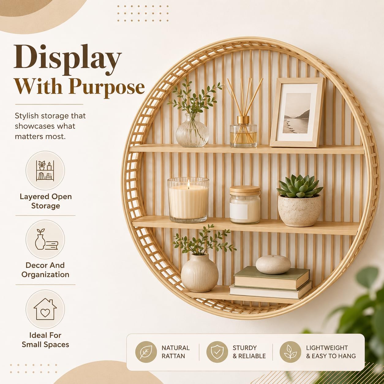 Rattan Wall Shelf / Handwoven Boho Floating Display Shelf