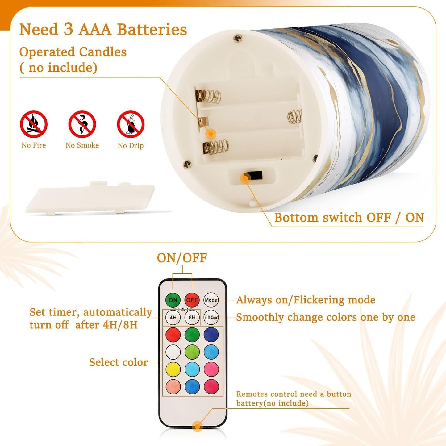 Flickering Flameless Candles, Drak Blue Golden Marble LED Candles with Remote Timer, Set of 2 Battery Operated Candle