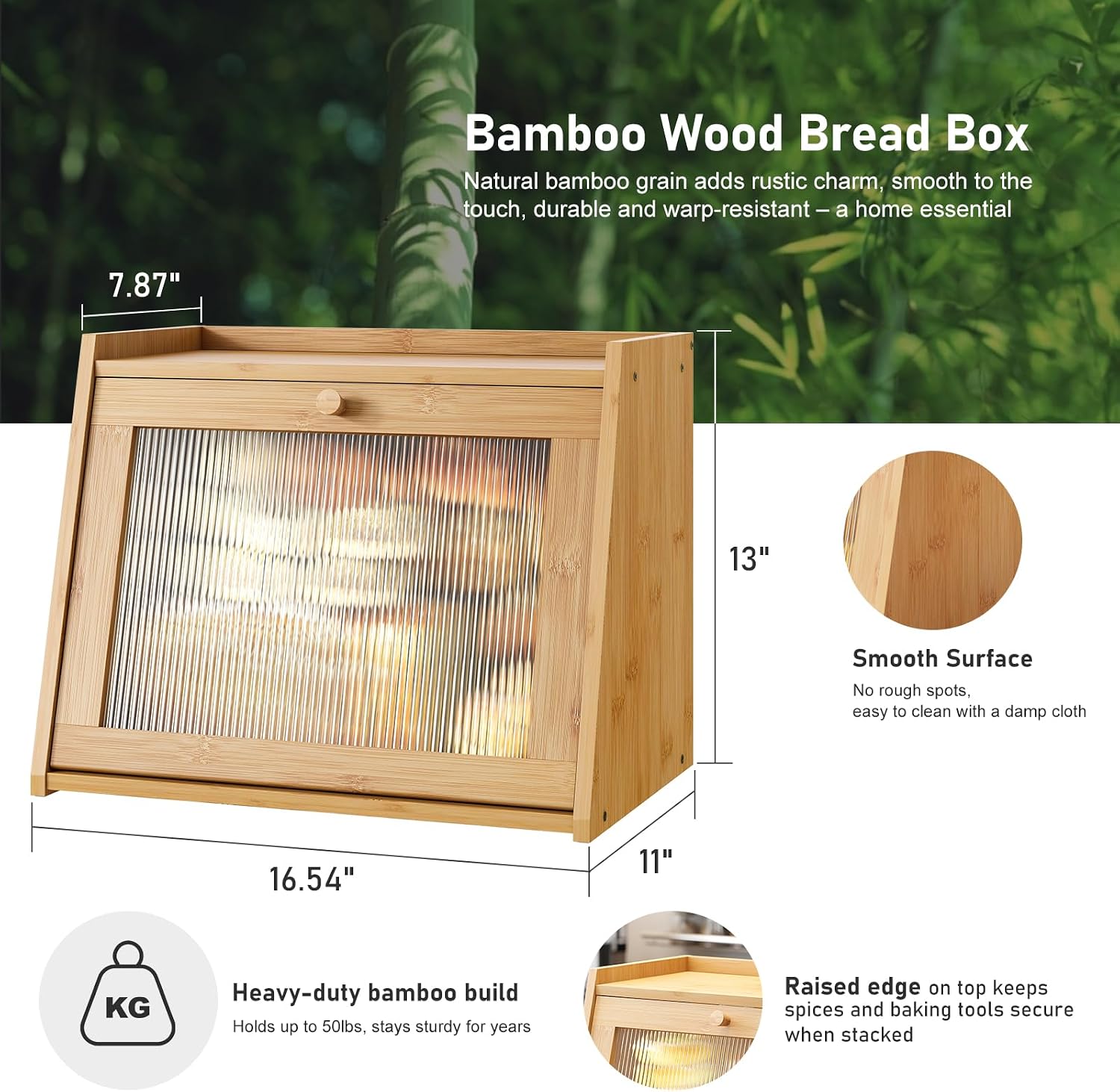 kiplant Large Bread Box for Kitchen Counter, Bamboo Bread Storage Container with Wavy Arcylic Transparent Door, Bamboo