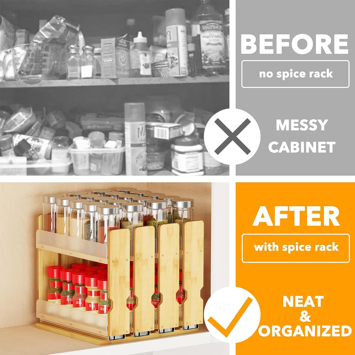 SpaceAid Bamboo Pull Out Spice Rack Organizer for Cabinet, Heavy Duty Slide Out Seasoning Kitchen Pantry Sliding