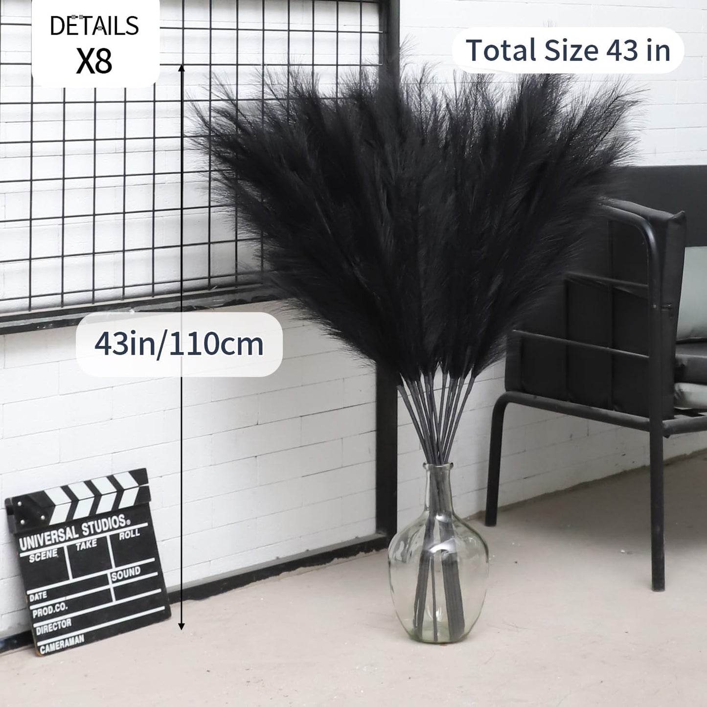 Faux Pampas Grass Decor Artificial Pampas Grass Bouquet Flower Arrangement / Black / Set of 8