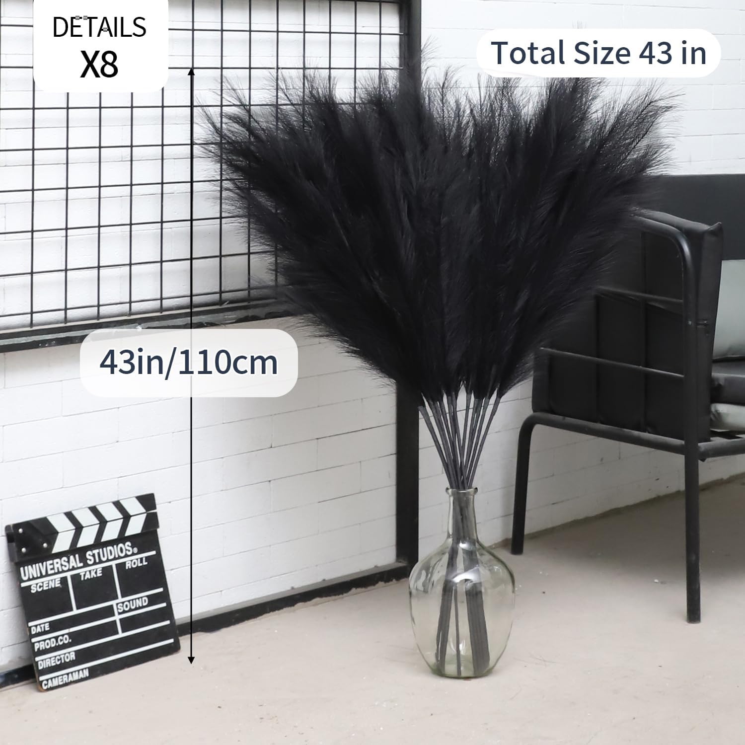Faux Pampas Grass Decor Artificial Pampas Grass Bouquet Flower Arrangement / Black / Set of 8