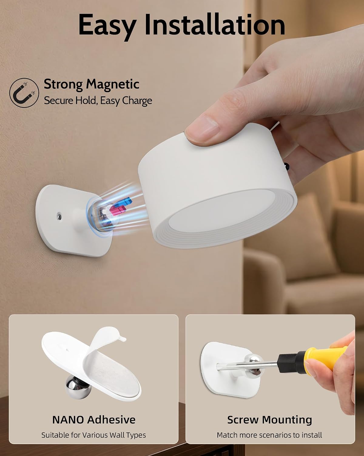 LED Wall Mounted Lights, Rechargeable Wall Sconces, 3 Color Temps, Remote & Touch, 360° Rotating and Dimmable for