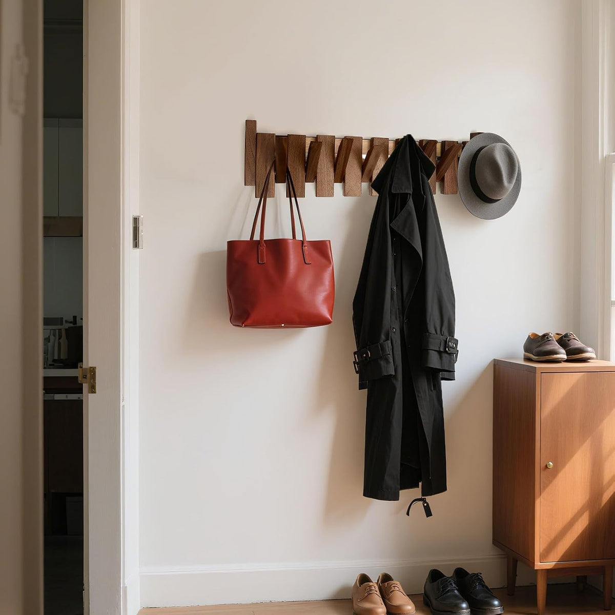 Wooden Coat Rack Hanger Wall Mount with 8 Hooks Wall Mounted Coat Rack Coat Rack Wall Mount Made of Walnut Wood