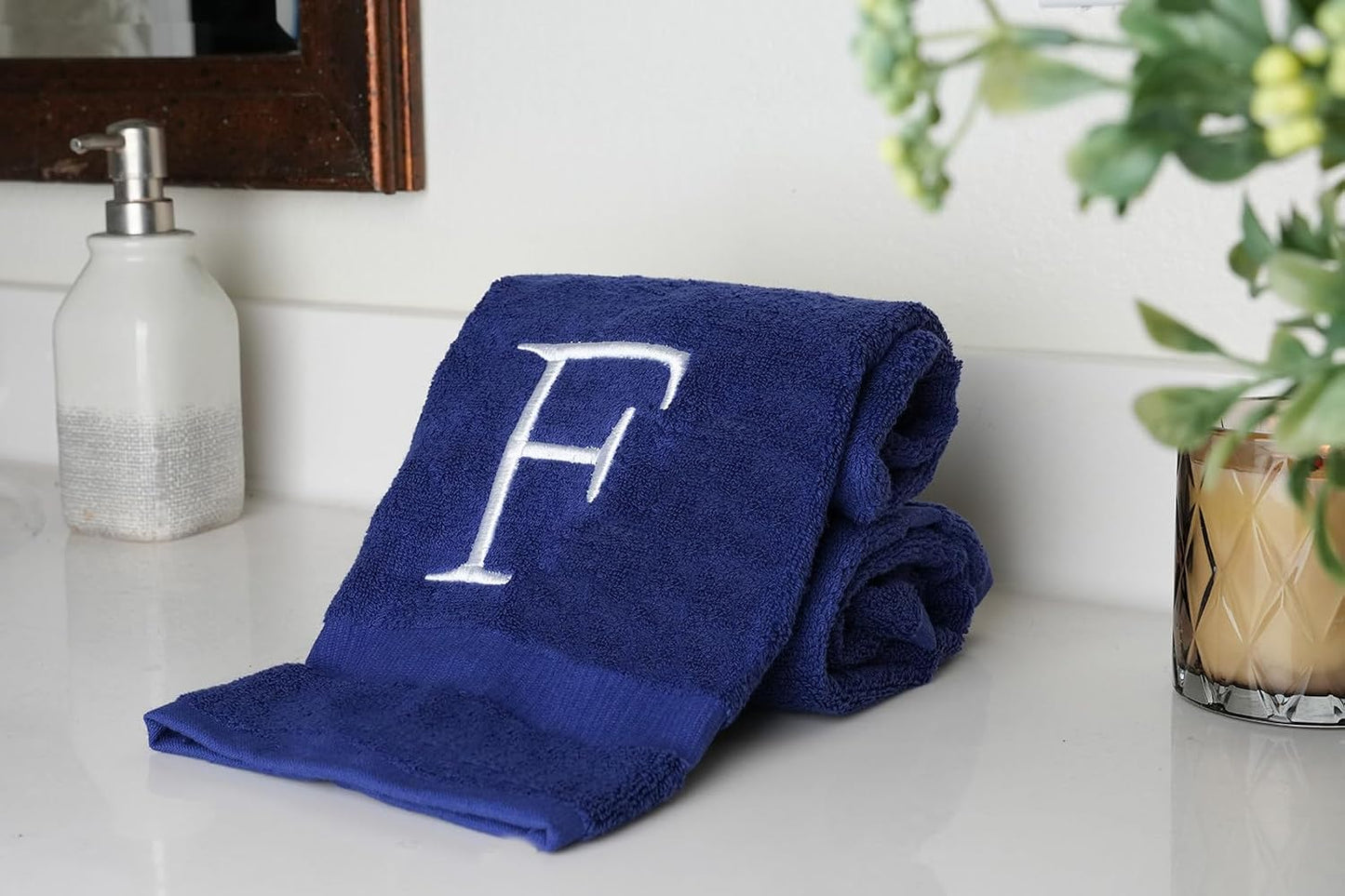 Navy with White Monogrammed Hand Towels for Bathroom - Set of 2 Letter F | Luxury Hotel Quality Initial Towels For