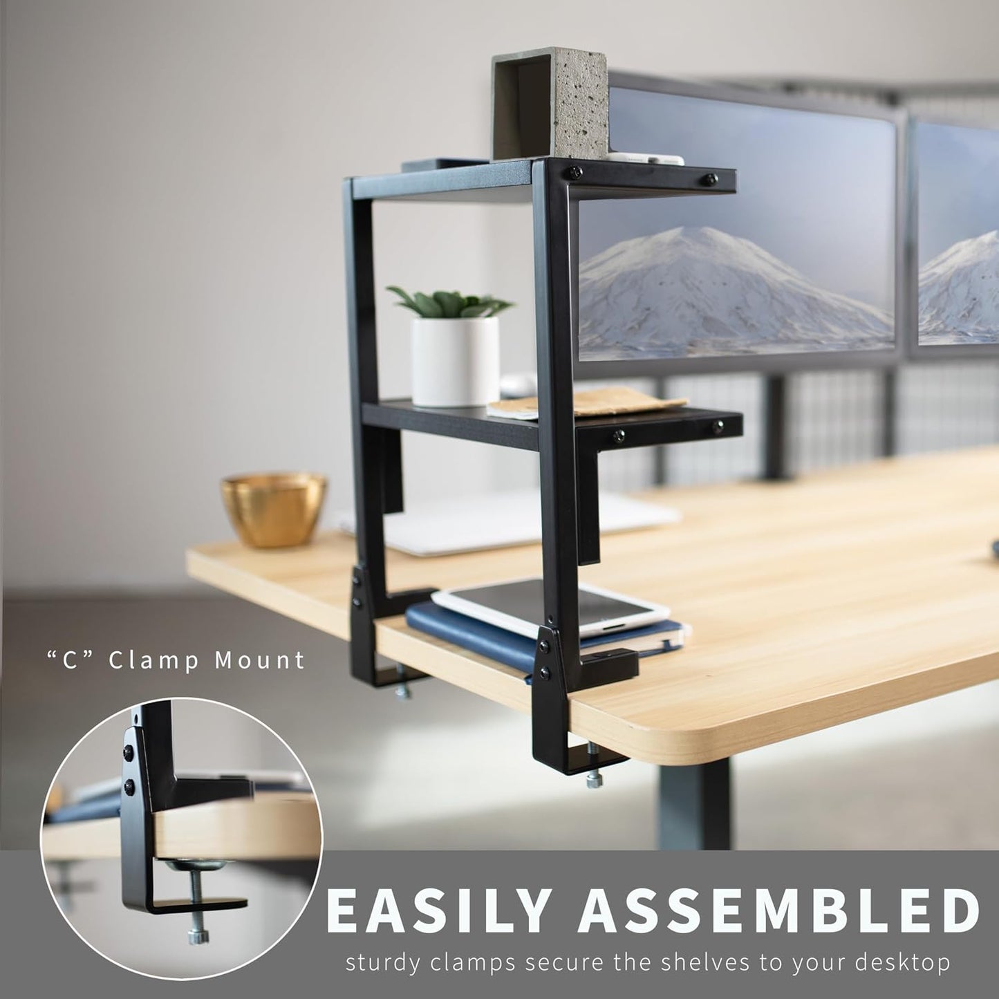 VIVO Black Clamp-on 13 inch 2-Tier Desk Shelf, STAND-SHELF2C | Above or Below Desk, 2 Level Shelving Unit for Table