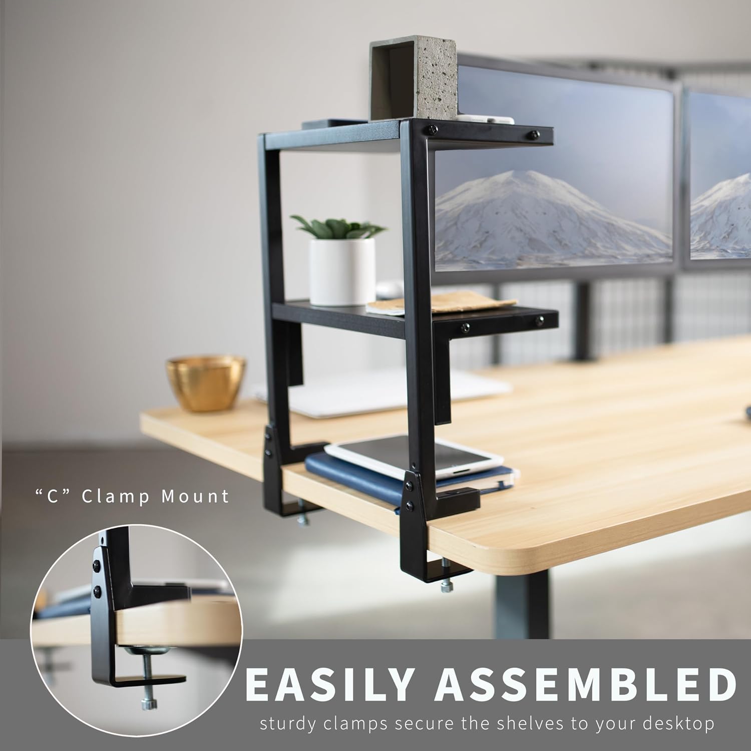 VIVO Black Clamp-on 13 inch 2-Tier Desk Shelf, STAND-SHELF2C | Above or Below Desk, 2 Level Shelving Unit for Table