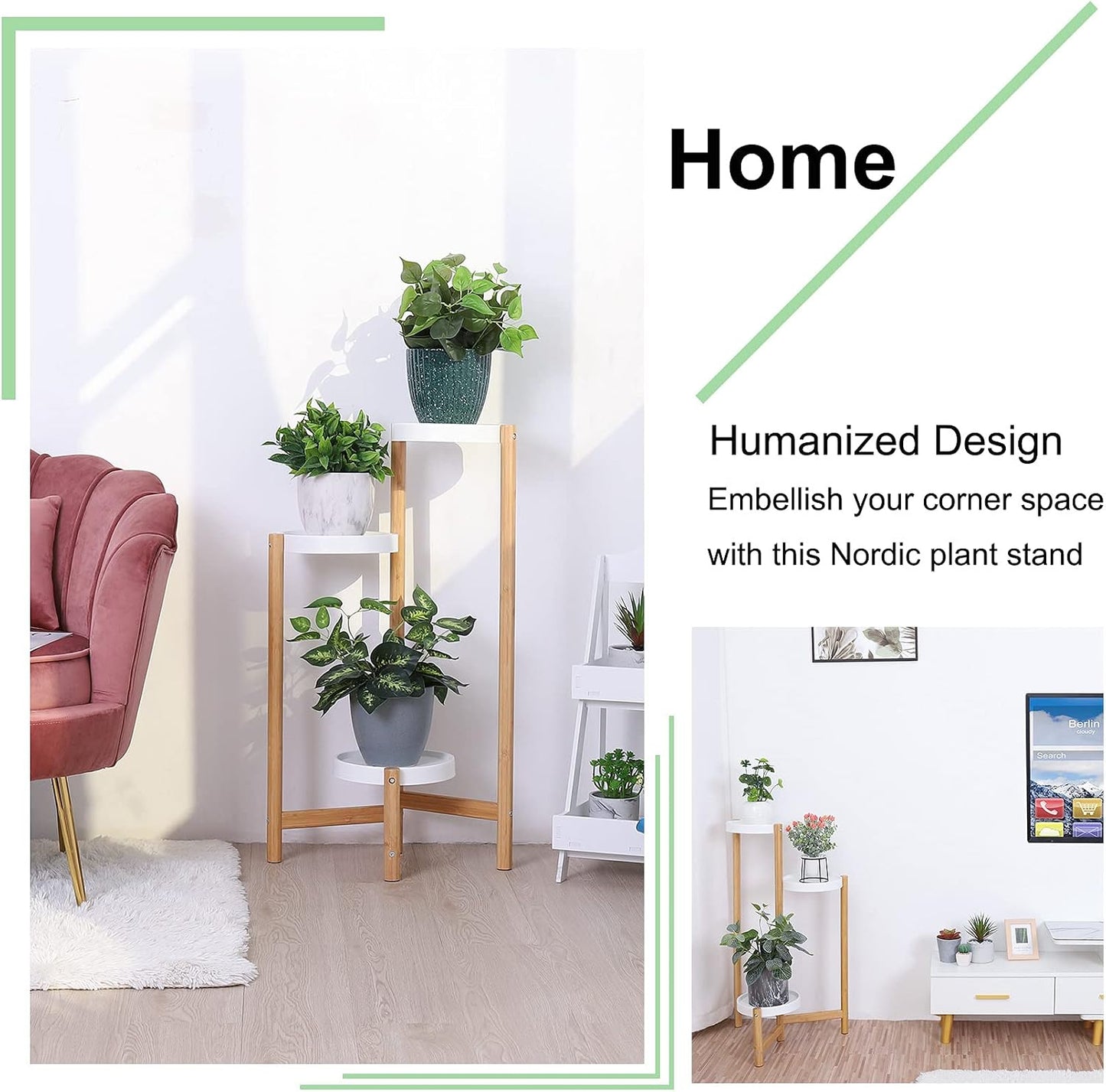 unho 3-Tier Bamboo Plant Stand: Nordic Style Potted Flower Display Shelf Holder Indoor Planter Rack with White Round