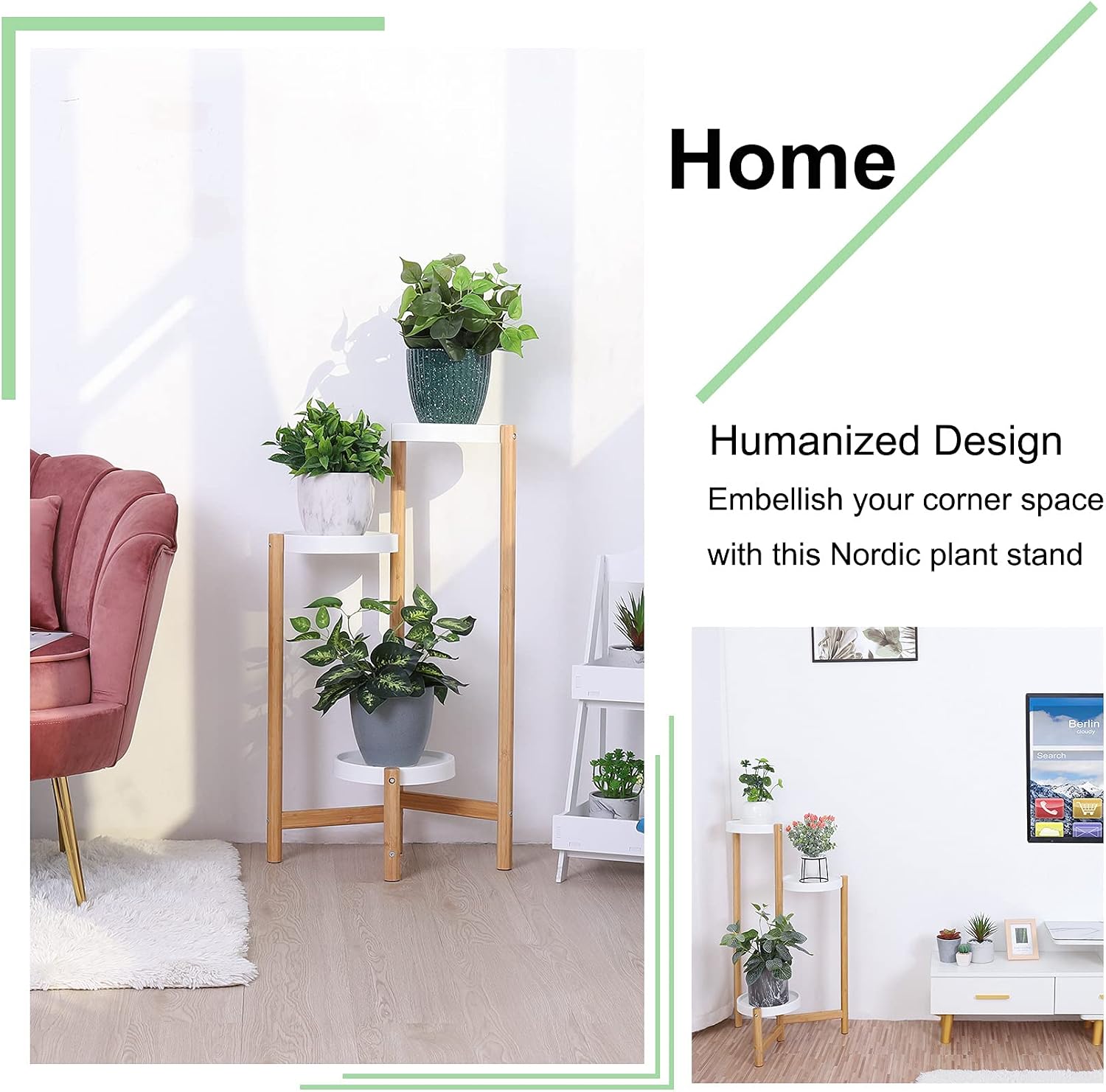unho 3-Tier Bamboo Plant Stand: Nordic Style Potted Flower Display Shelf Holder Indoor Planter Rack with White Round