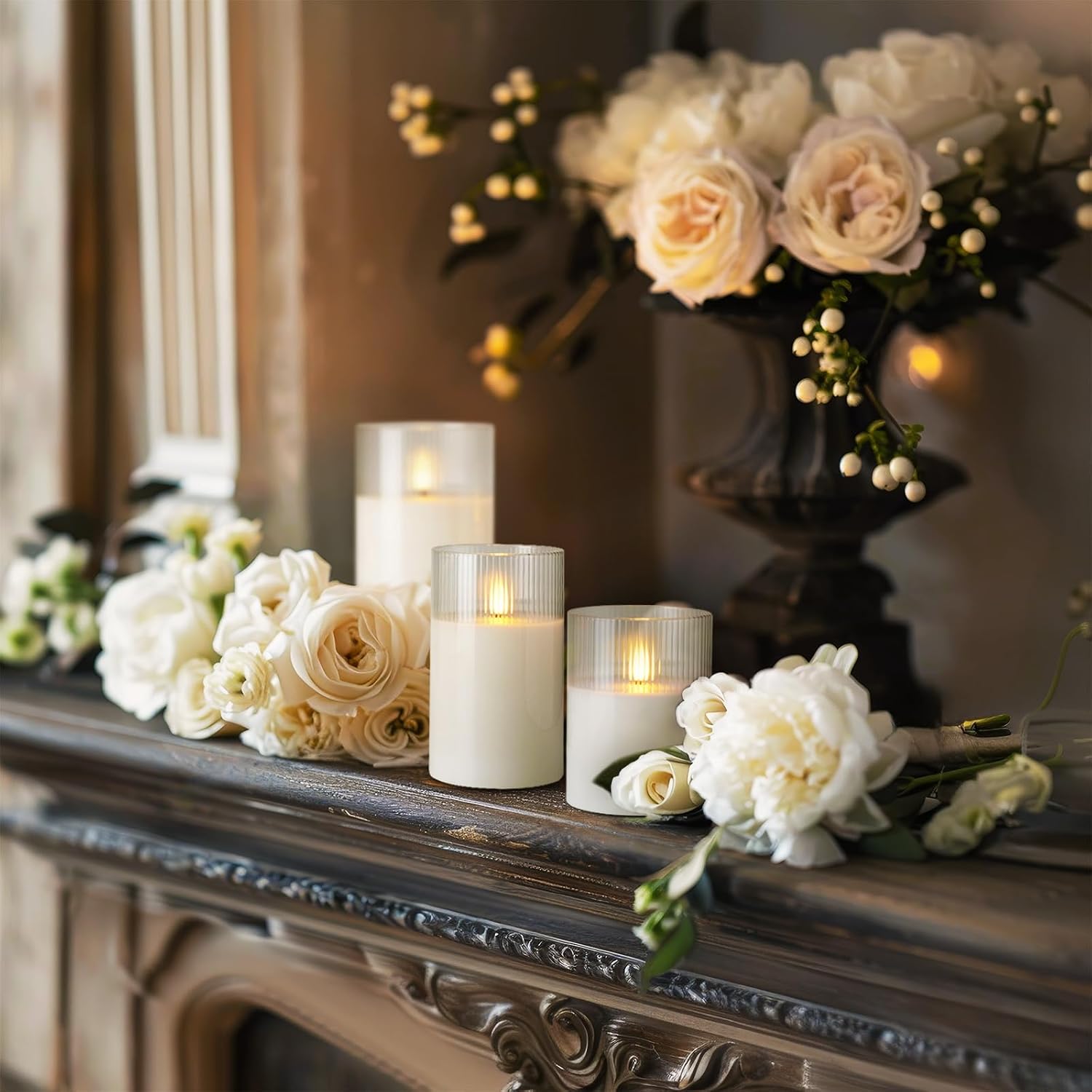Amagic White Ribbed Glass Flameless LED Pillar Candles with Remote Timer | Real Wax Battery Operated Electric Candle