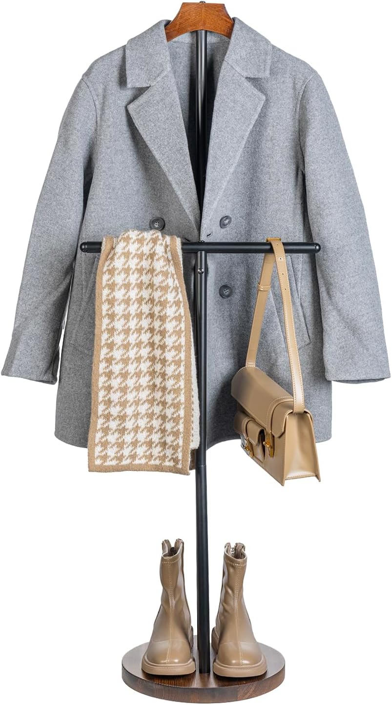 MyGift Modern Garment Valet Stand with Rustic Burnt Solid Wood Coat Clothes Hanger, Round Wooden Base, and Industrial