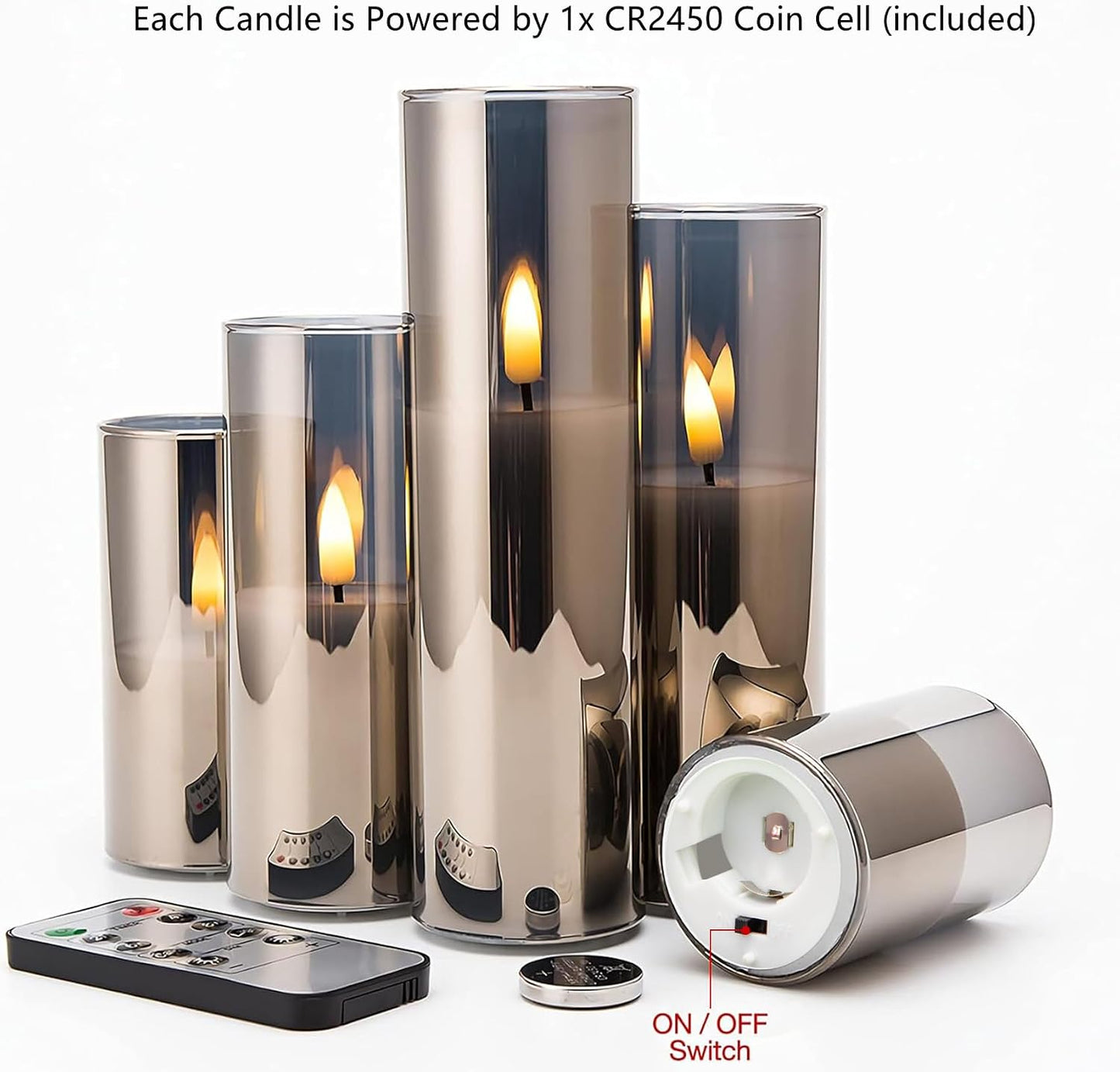Grey Glass Flameless Pillar Candles with Remote Batteries Set of 5 | Flickering Tall LED Candles, Batteries Included