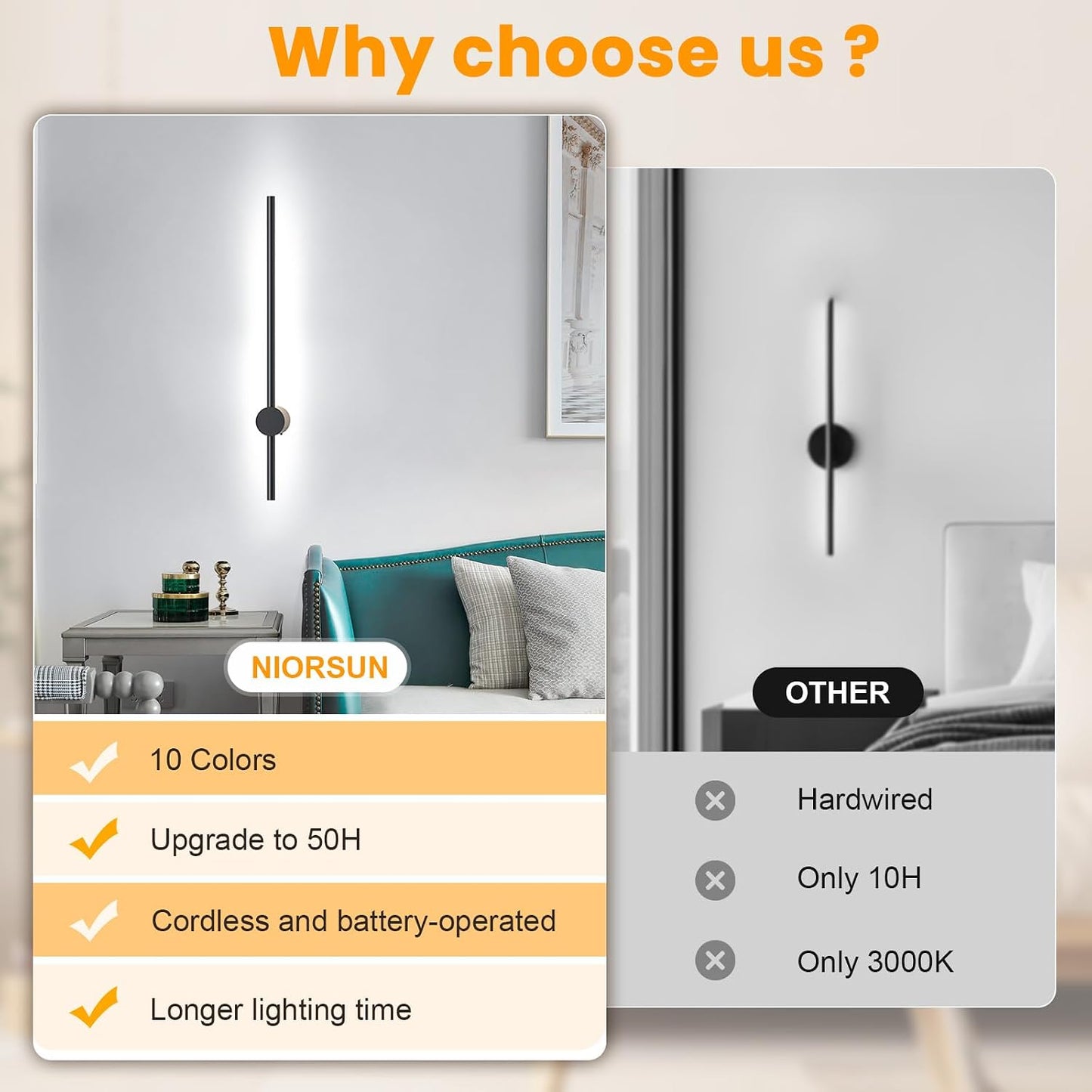 24 Inch Battery Operated Wall Sconce Set of 2,Black Minimalist Rechargeable LED Wall Lights with Remote, 10 Colors