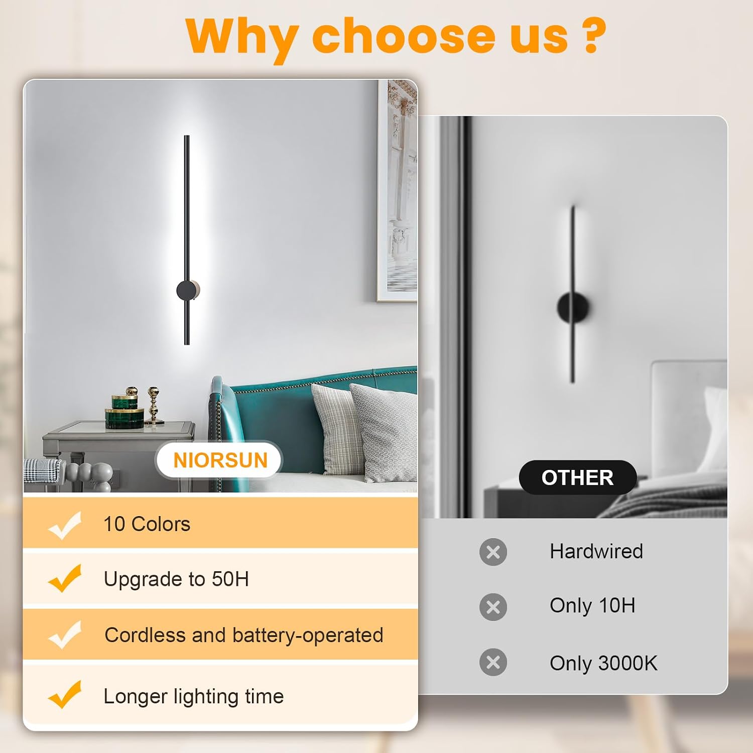 24 Inch Battery Operated Wall Sconce Set of 2,Black Minimalist Rechargeable LED Wall Lights with Remote, 10 Colors