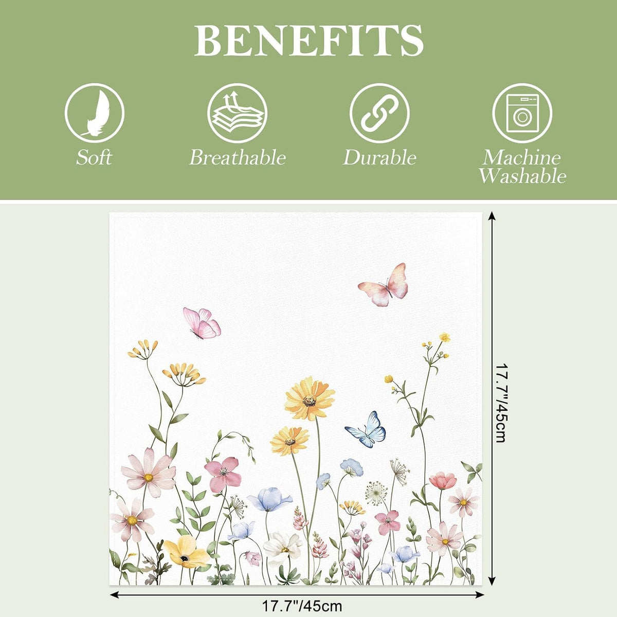 Floral Butterfly Cotton Cloth Napkins, 18×18 in, Set of 12 | Washable Soft Cotton Dinner Napkins with Flower and