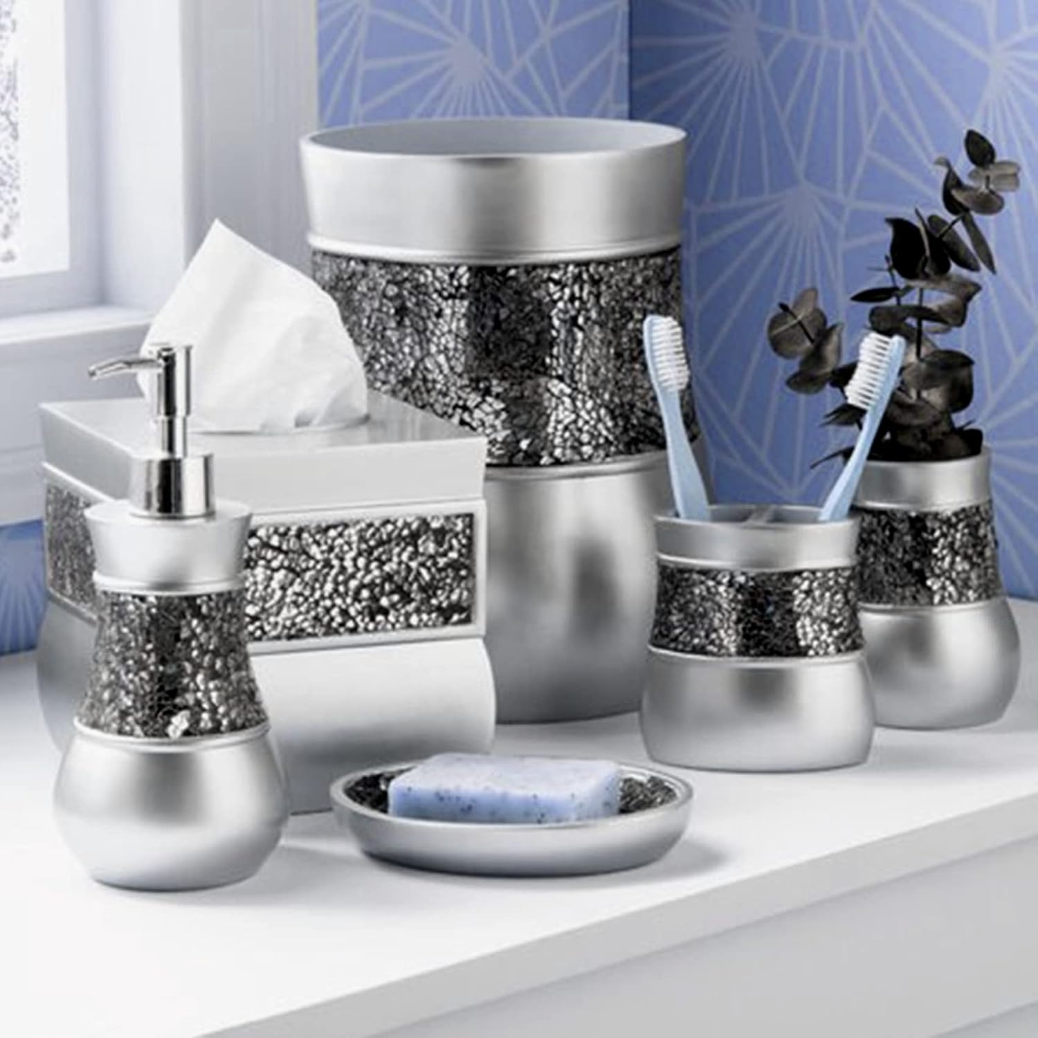 Creative Scents Crackled Glass Silver Small Bathroom Trash Can 2.06 Gal / 7.8L – Decorative Waste Basket for Bathroom