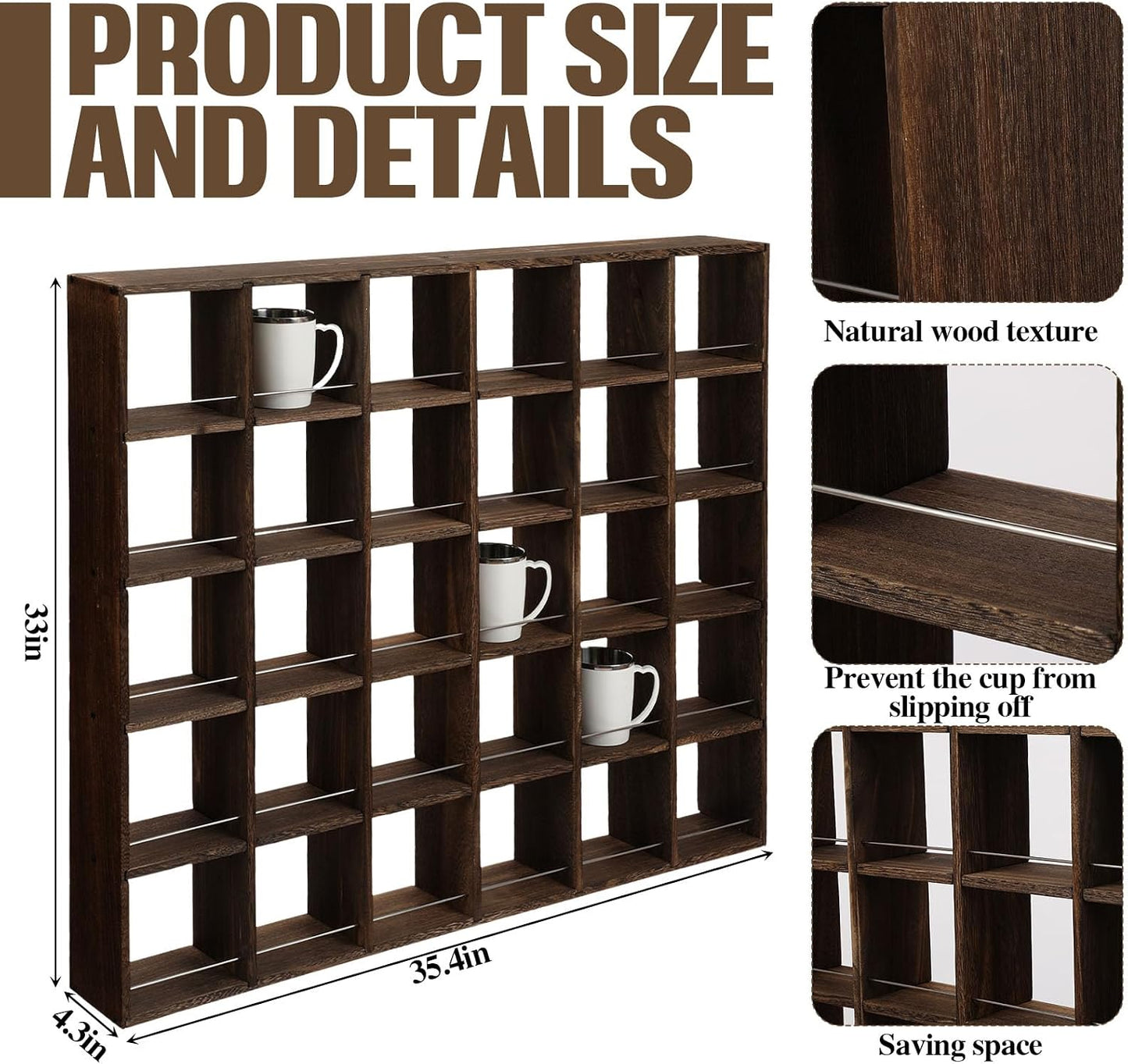 Oversize Coffee Mug Display Rack Wooden Shelves Rustic Shot Glass Display Case Travel Mug Shelf Wall Mounted Rack