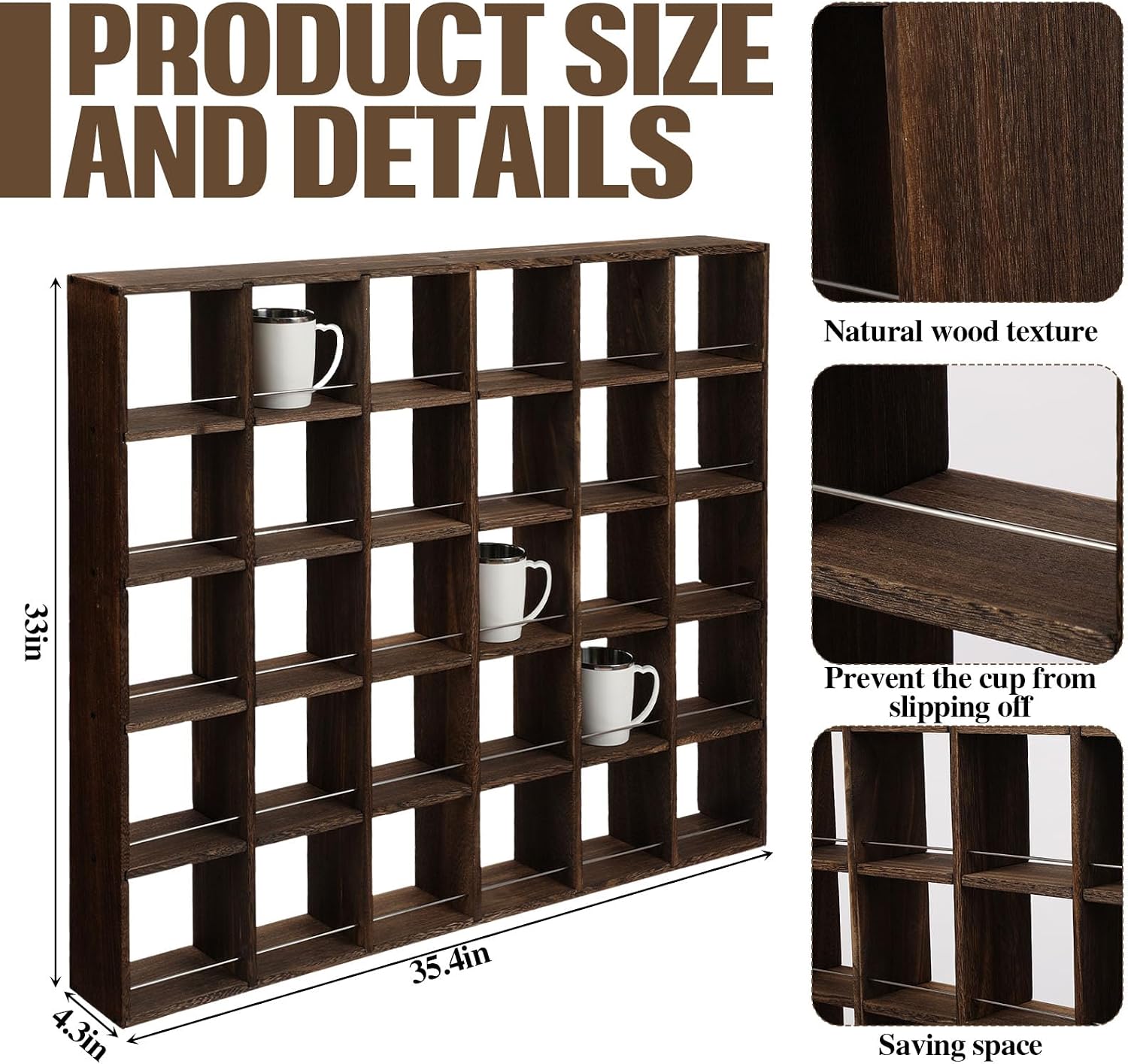 Oversize Coffee Mug Display Rack Wooden Shelves Rustic Shot Glass Display Case Travel Mug Shelf Wall Mounted Rack