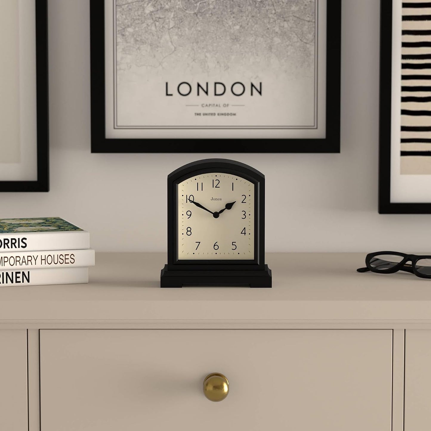 JONES CLOCKS® Tavern Mantel Clock | Modern Arch top Design | Black | Contemporary Classic Style for Desk, Table, Shelf