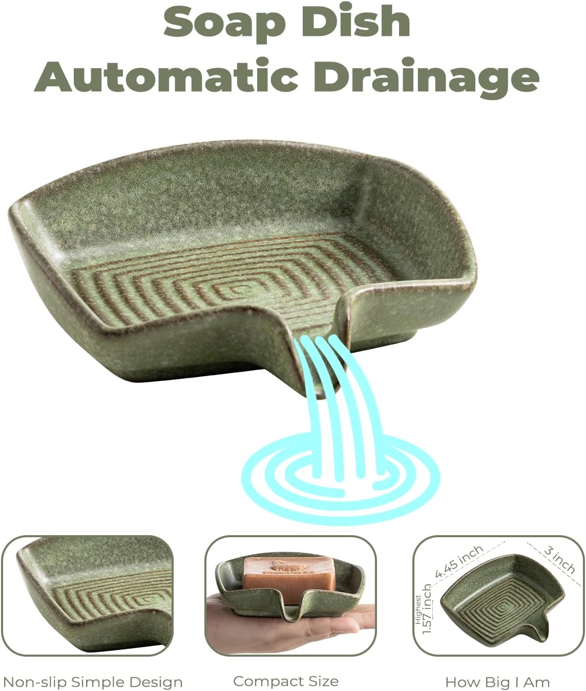 Ceramic Drain Soap Holder Waterfall Design Soap Saver for Shower / Green / Rectangular