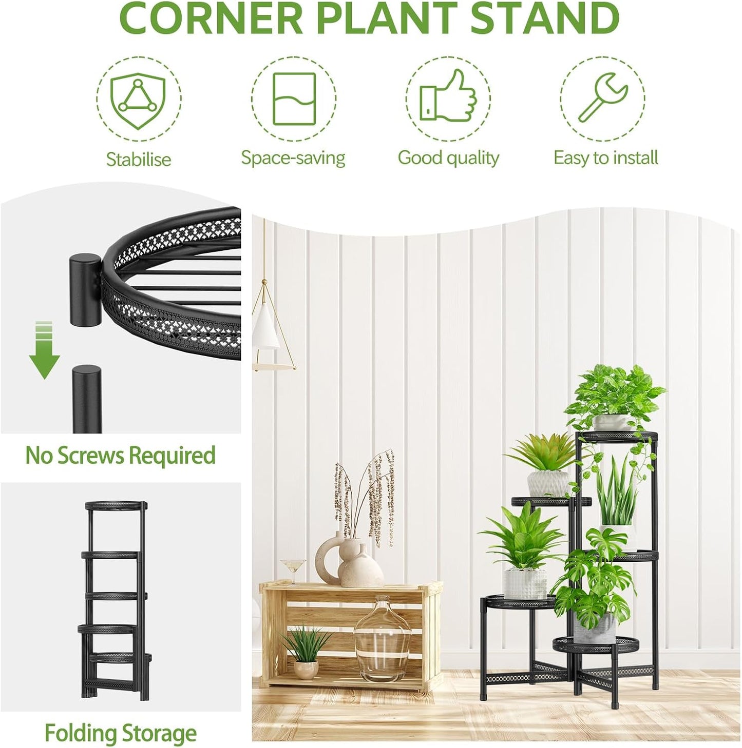 iDavosic.ly 5 Tier Large Plant Stand Indoor Outdoor, 10 In Tray, Iron Black | Tiered Metal Corner Heavy Duty Multiple