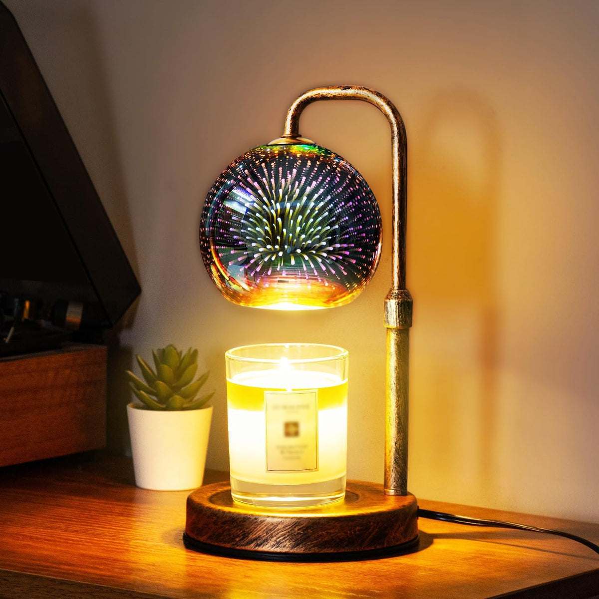 Glocusent Candle Warmer Lamp with Timer, Dimmable, Adjustable Retro 2 Bulbs | 3D Glass Globe with Firework Patterns