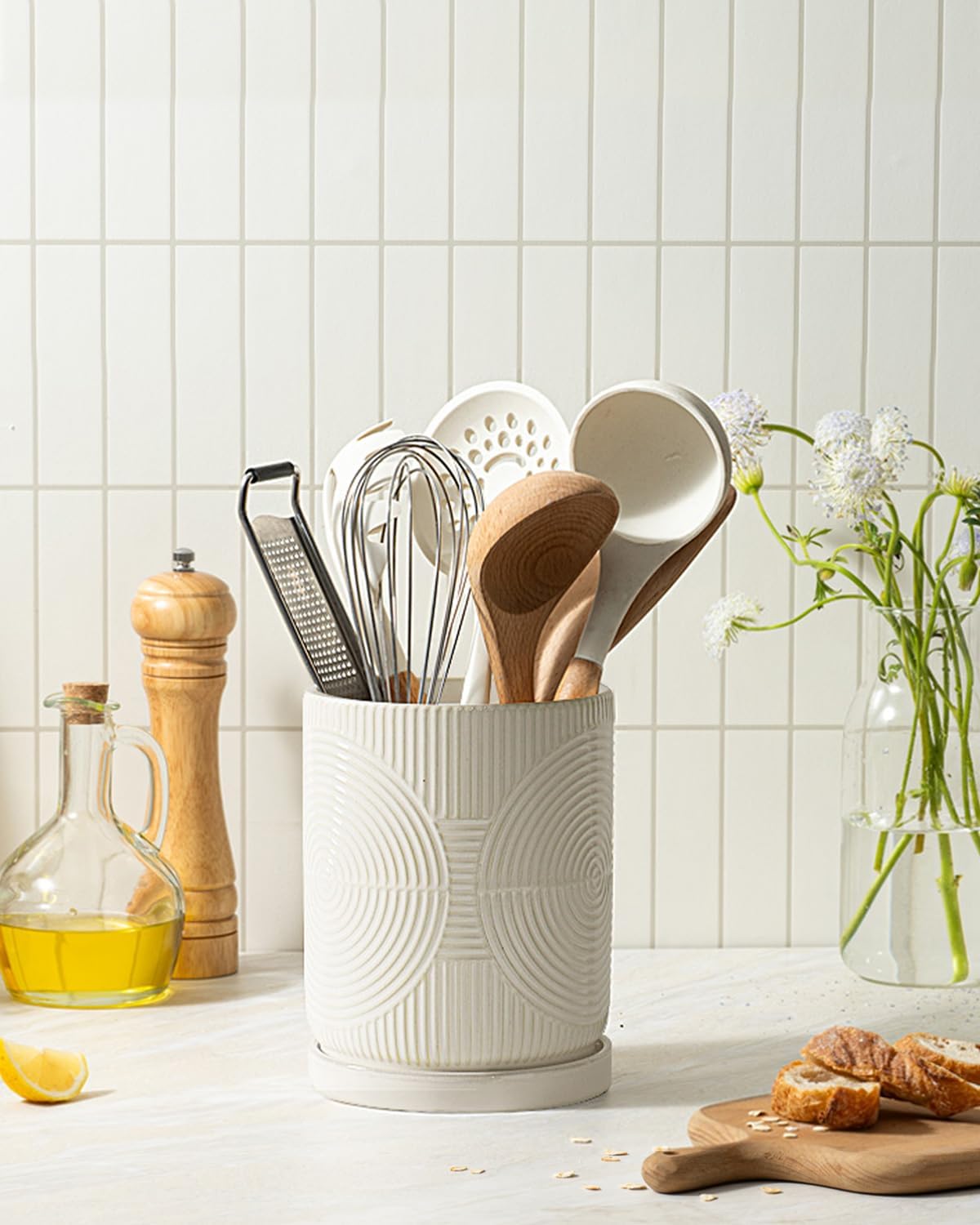 Utensil Holder, 7.2" Kitchen Utensil Holder for Counter, 2-in-1 Ceramic Cooking Utensils Holders with Spoon Rest