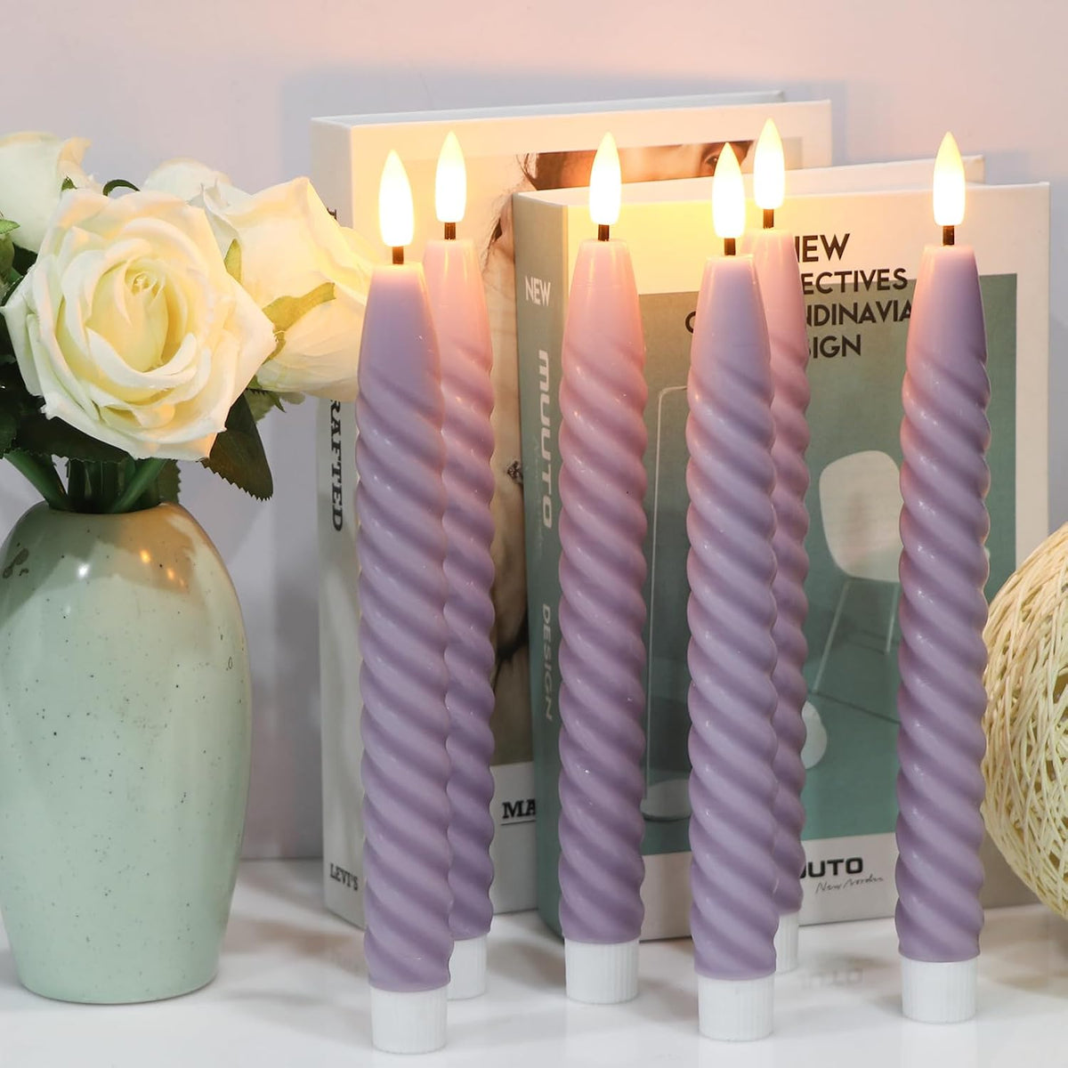 Purple Flameless Taper Candles Flickering with Remote Timer | LED Spiral Taper Candles, Flameless Candlesticks, Battery