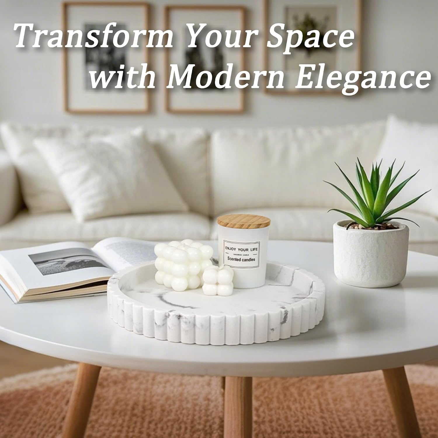 Modern Organizer / Decorative Coffee Table Tray / Marble White
