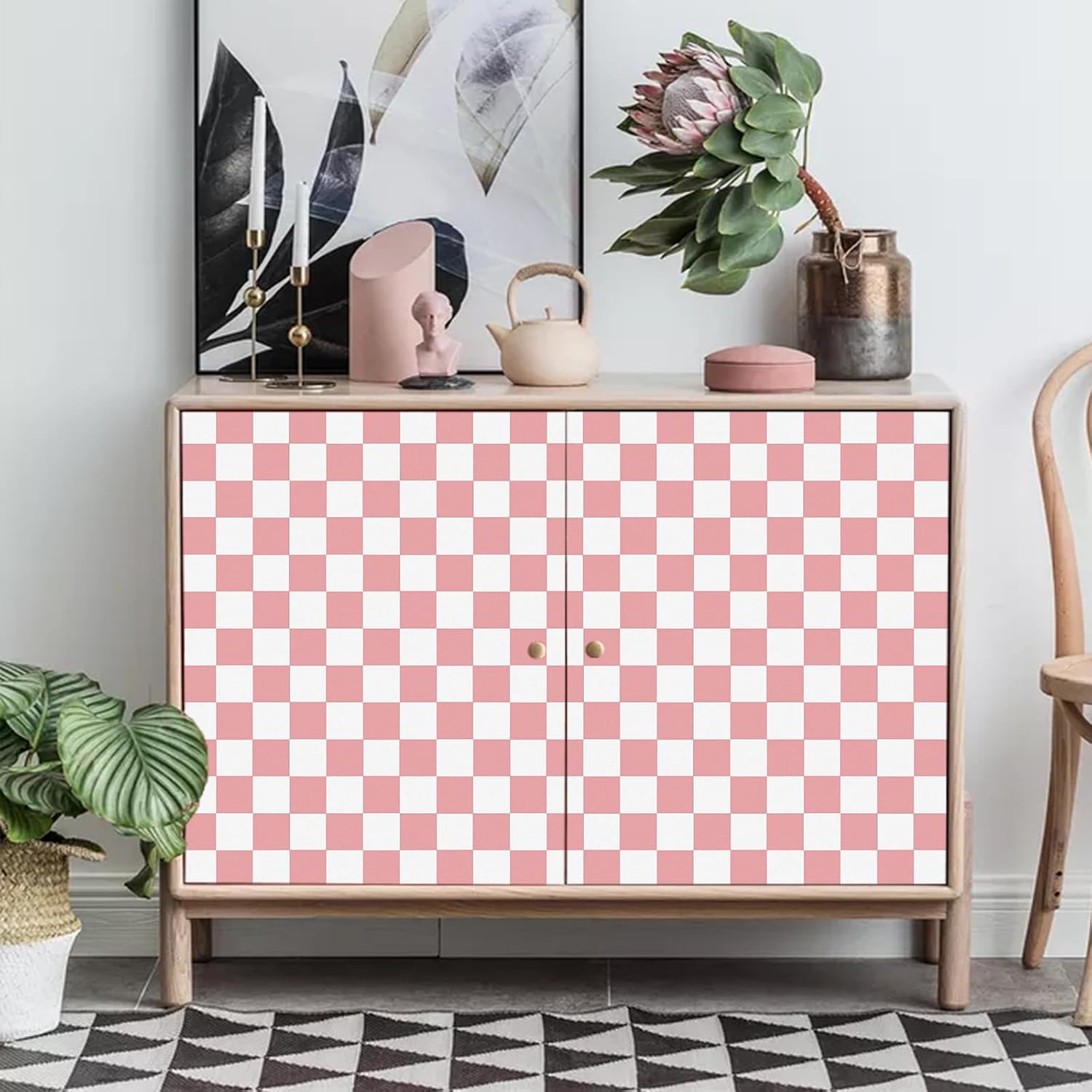 Checkerboard Peel and Stick Wallpaper " and White Contact Paper Self-Adhesive / 17.3 x 300 / Pink
