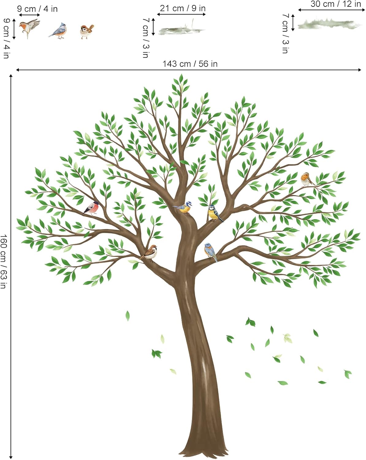 Large Tree Wall Stickers Leaves Birds Peel and Stick Wall Decals / Green