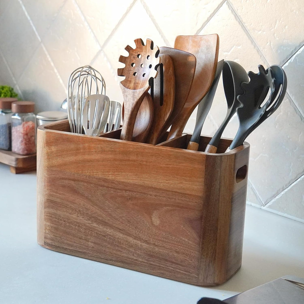 Large Acacia Wood Utensil Holder with 3 Compartments for Kitchen Counter, Extra Large Farmhouse Wooden Utensil