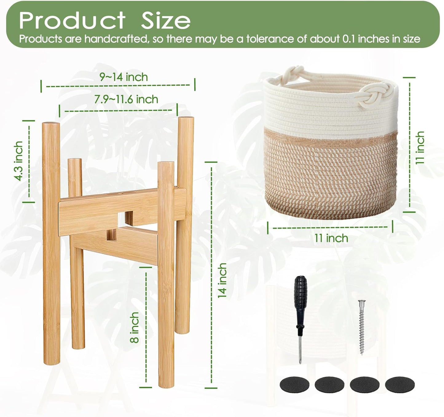 Flower Pot Rattan Plant Stand Planter with Stand, Tall Indoor Boho Woven Wicker Storage Basket with Adjustable Wood