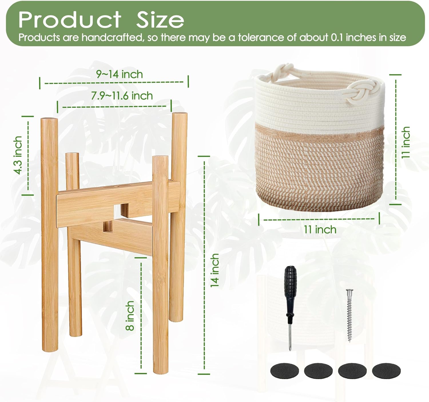 Flower Pot Rattan Plant Stand Planter with Stand, Tall Indoor Boho Woven Wicker Storage Basket with Adjustable Wood