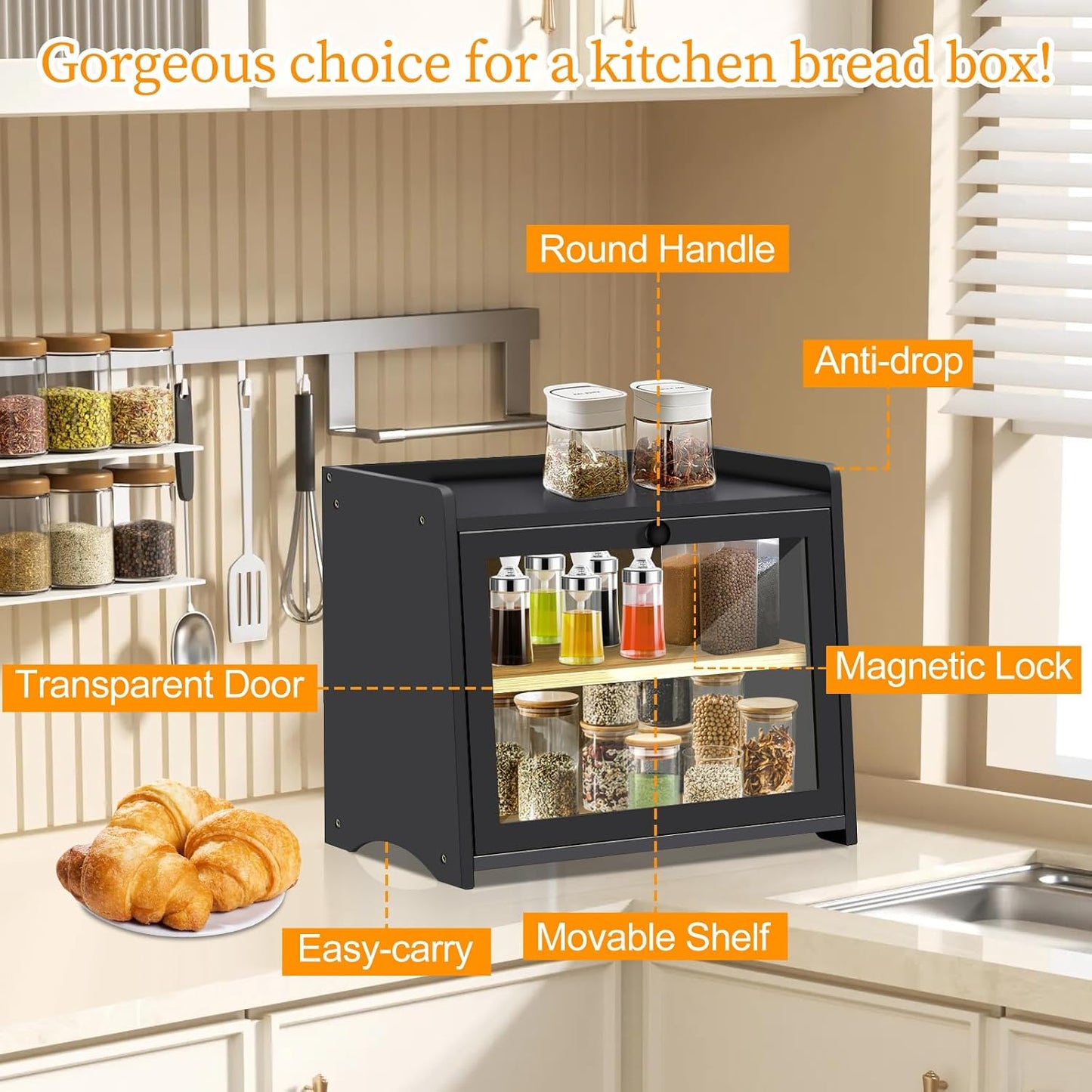 Bamboo Bread Box for Kitchen Countertop, Large Bread Storage Container Bin 2 Layer Breadbox Holder for Kitchen Counter