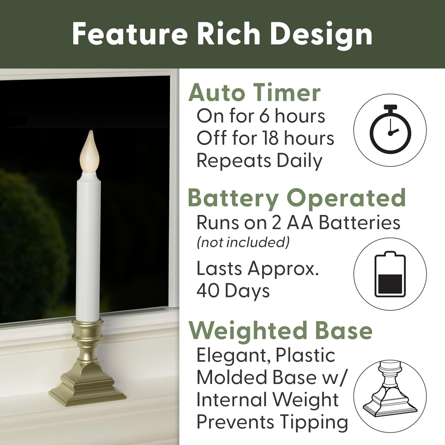 Bright White LED Battery Operated Window Candles, Pewter 4-Pack | Automatic Timer, Bright Hot Spot, Weighted Plastic