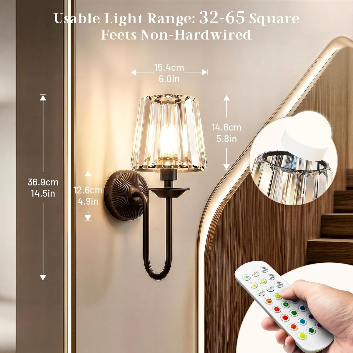 Black Battery Operated Wall Sconces Set of Two, Crystal Wireless Rechargeable Wall Lights with Remote, Dimmable 3 CCT
