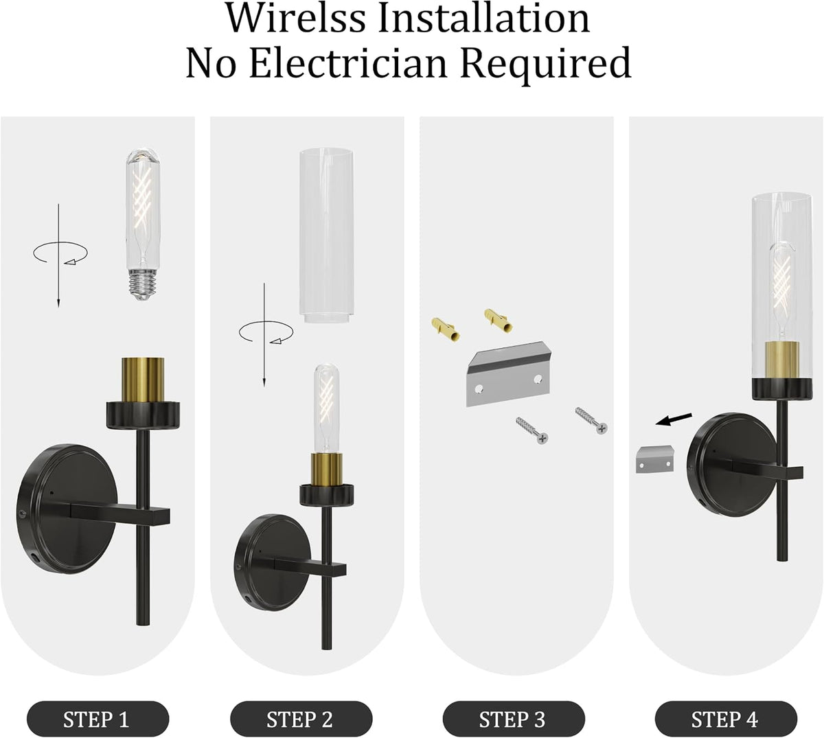 Black Gold Battery Operated Wall Sconce Set of 2, Wireless Wall Sconces with Remote, Rechargeable 3000K Dimmable Wall