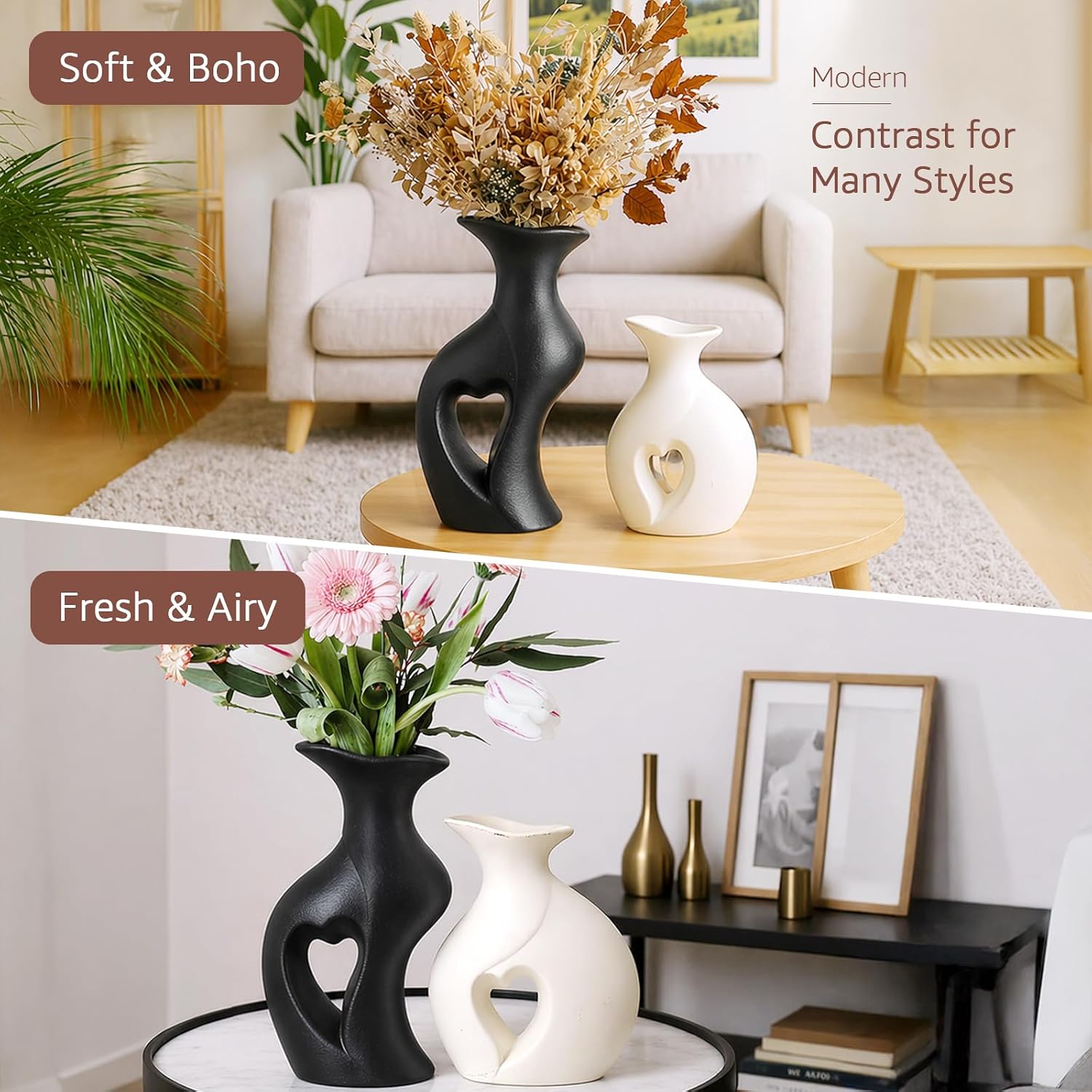 Ceramic Vase Hollowed Heart Flower Vase Set for Modern Nordic Boho Home Decor / Black&white