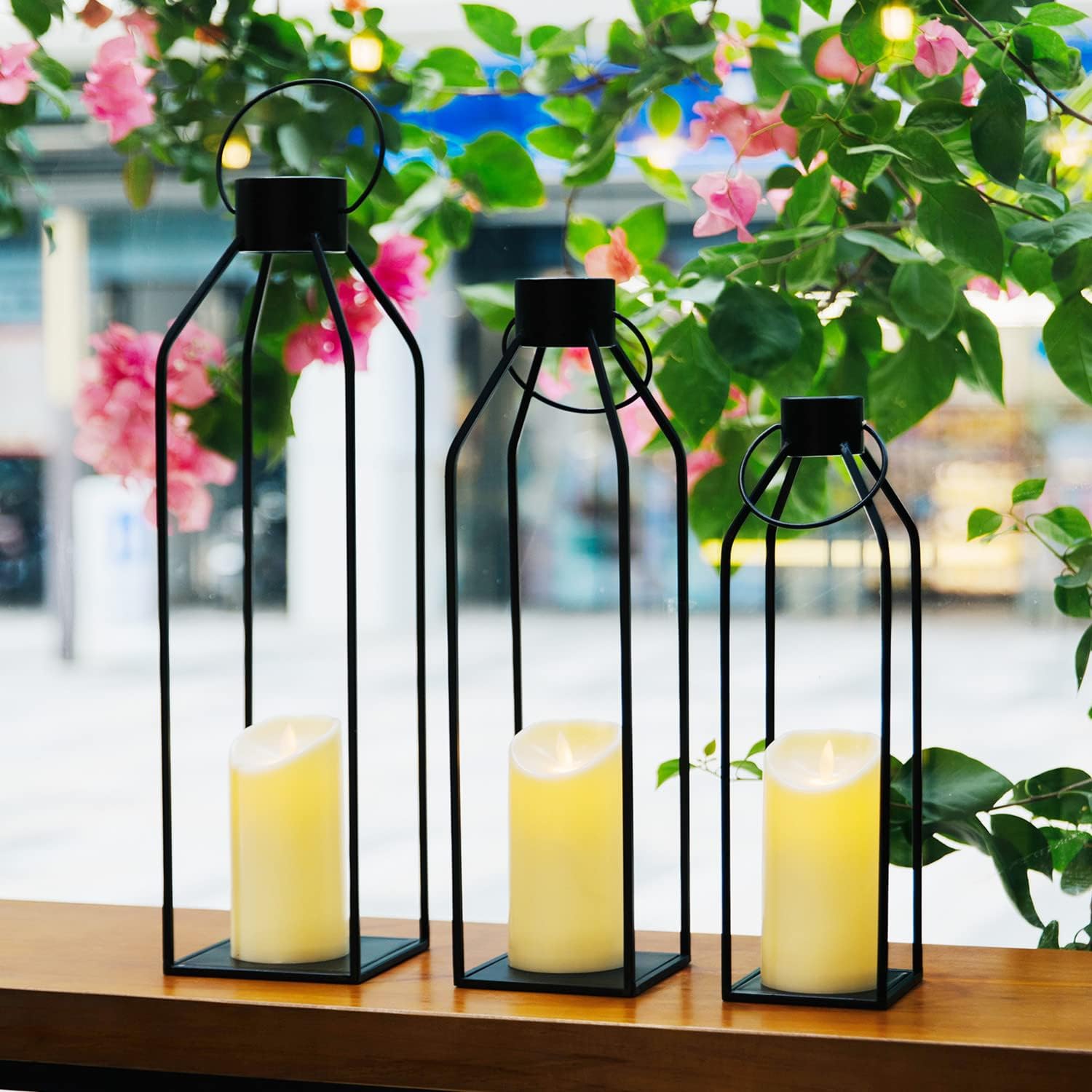 HPC Decor 22'' 19'' 16'' Lanterns Decorative w/Flickering Timer Candles- Tall Large Black Metal Candle Lanterns Set of