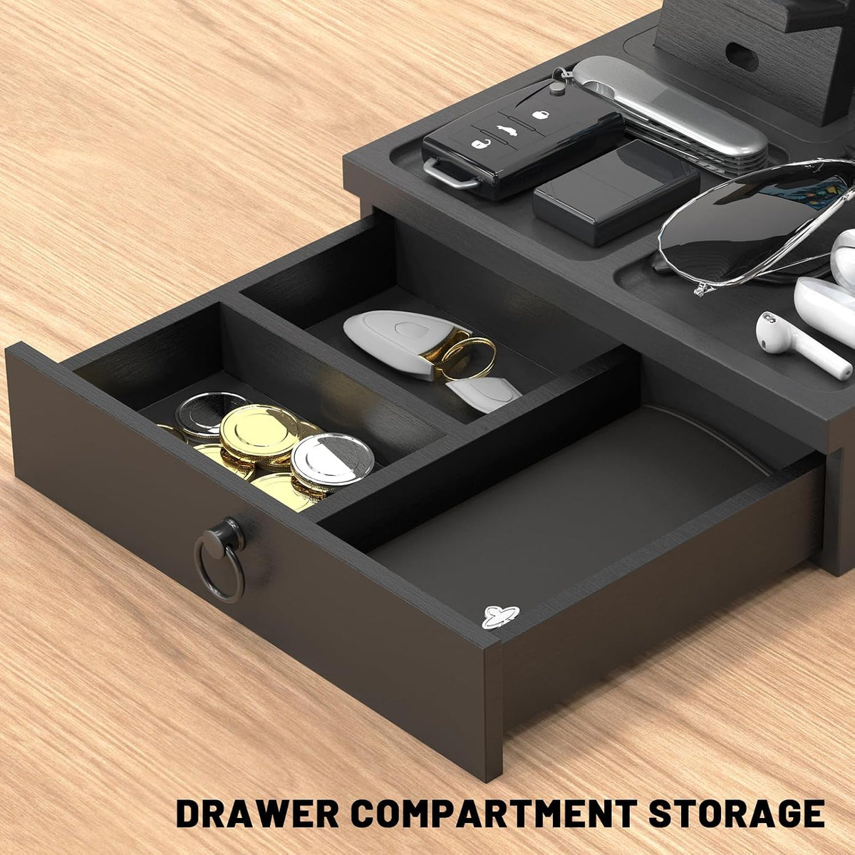Wood Phone Docking Station, Nightstand Organizer with Drawer | Bedside Table Organizer for Watch & Accessories
