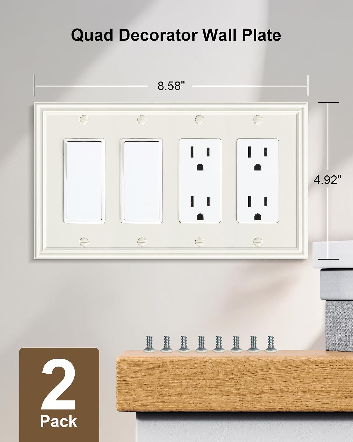 2-Pack Zinc Alloy Quad Decorator Outlet Cover Plate, Solid Wall Plates | Decorative Switch Plates and Outlet Covers, 4